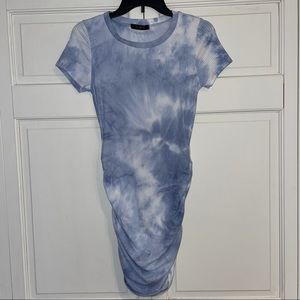 Blue Tie Dye Fitted Ruched Side Dress